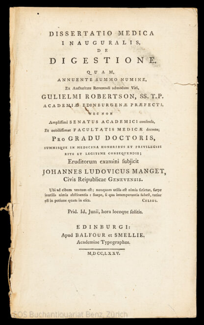 Manget, John Luke: -Dissertatio medica inauguralis, de digestione.