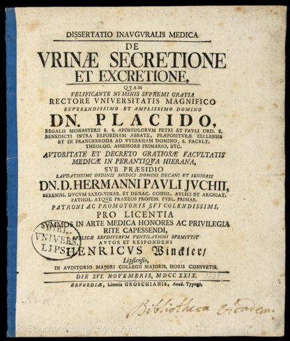 Winckler, Heinrich: -Dissertatio inauguralis medica de urinae secretione et excretione ...